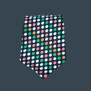 Polka Dot Patterned Neck Tie With Red Green White Gold Dots On Black Background